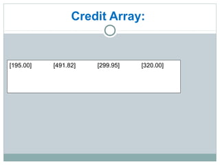 Credit Array:
[195.00] [491.82] [299.95] [320.00]
 