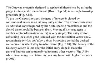 The Gateway system is designed to replace all these steps by using the
phage λ site-specific recombinase (Box 3.3, p. 51) in a simple two-step
procedure (Fig. 5.18).
To use the Gateway system, the gene of interest is cloned by
conventional means in a Gateway entry vector. This vector carries two
att sites that are recognized by the λ site-specific recombinase and the
cloned gene should lie between them. Moving this cloned gene to
another vector (destination vector) is very simple. The entry vector
containing the cloned gene is mixed with the destination vector and λ
recombinase in vitro and after a short incubation period the desired
recombinant is selected by transformation (Fig. 5.18). The beauty of the
Gateway system is that after the initial entry clone is made the
gene of interest can be transferred to many other vectors (Fig. 5.19)
while maintaining orientation and reading frame with high efficiencies
(>99%).
 