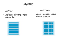 Layouts
• List View
• Displays a scrolling single
column list.
• Grid View
Displays a scrolling grid of
columns and rows.
 