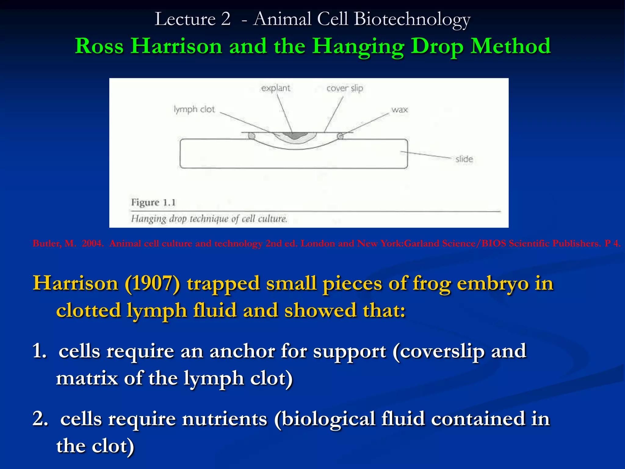 Lecture 2 - Animal Cell Biotechnology
         Ross Harrison and the Hanging Drop Method




Butler, M. 2004. Animal cell culture and technology 2nd ed. London and New York:Garland Science/BIOS Scientific Publishers. P 4.



Harrison (1907) trapped small pieces of frog embryo in
 clotted lymph fluid and showed that:
1. cells require an anchor for support (coverslip and
   matrix of the lymph clot)
2. cells require nutrients (biological fluid contained in
   the clot)
 