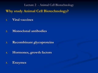 Lecture 2 - Animal Cell Biotechnology
Why study Animal Cell Biotechnology?

1.   Viral vaccines


2.   Monoclonal antibodies


3.   Recombinant glycoproteins

4.   Hormones, growth factors

5.   Enzymes
 