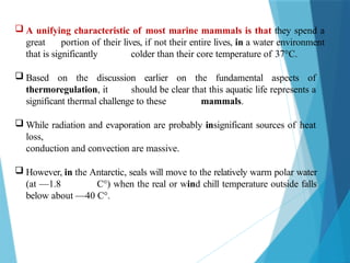  A unifying characteristic of most marine mammals is that they spend a
great portion of their lives, if not their entire lives, in a water environment
that is significantly colder than their core temperature of 37°C.
 Based on the discussion earlier on the fundamental aspects of
thermoregulation, it should be clear that this aquatic life represents a
significant thermal challenge to these mammals.
 While radiation and evaporation are probably insignificant sources of heat
loss,
conduction and convection are massive.
 However, in the Antarctic, seals will move to the relatively warm polar water
(at —1.8 C°) when the real or wind chill temperature outside falls
below about —40 C°.
 