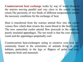 Countercurrent heat exchange works by way of warm blood in
the arteries moving parallel and very close to the cooler venous
return.The proximity of two fluids of different temperatures creates
the necessary conditions for the exchange of heat.
Heat is transferred from the warmer arterial flow into the cooler
venous flow which then returns the warm blood to the body's core.
The now somewhat cooler arterial flow proceeds to the relatively
poorly insulated appendages. The net result is that the core remains
warm and the appendages perpetually cool.
Countercurrent heat-exchangers acting to conserve core heat are
commonly found in the extremities of animals living in cold
habitats, particularly in the legs or flippers of polar and cool
temperate birds and mammals
 