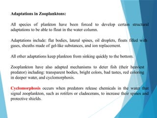 Adaptations in Zooplanktons:
All species of plankton have been forced to develop certain structural
adaptations to be able to float in the water column.
Adaptations include: flat bodies, lateral spines, oil droplets, floats filled with
gases, sheaths made of gel-like substances, and ion replacement.
All other adaptations keep plankton from sinking quickly to the bottom.
Zooplankton have also adapted mechanisms to deter fish (their heaviest
predator) including: transparent bodies, bright colors, bad tastes, red coloring
in deeper water, and cyclomorphosis.
Cyclomorphosis occurs when predators release chemicals in the water that
signal zooplankton, such as rotifers or cladocerans, to increase their spines and
protective shields.
 