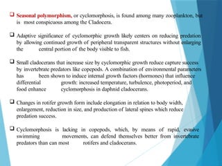  Seasonal polymorphism, or cyclomorphosis, is found among many zooplankton, but
is most conspicuous among the Cladocera.
 Adaptive significance of cyclomorphic growth likely centers on reducing predation
by allowing continued growth of peripheral transparent structures without enlarging
the central portion of the body visible to fish.
 Small cladocerans that increase size by cyclomorphic growth reduce capture success
by invertebrate predators like copepods. A combination of environmental parameters
has been shown to induce internal growth factors (hormones) that influence
differential growth: increased temperature, turbulence, photoperiod, and
food enhance cyclomorphosis in daphnid cladocerans.
 Changes in rotifer growth form include elongation in relation to body width,
enlargement, reduction in size, and production of lateral spines which reduce
predation success.
 Cyclomorphosis is lacking in copepods, which, by means of rapid, evasive
swimming movements, can defend themselves better from invertebrate
predators than can most rotifers and cladocerans.
 