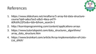 References
1. https://www.slideshare.net/mralfarra/5-array-list-data-structure-
course?qid=adea7ee5-e8a5-46ea-a479-
60fc69c22f1e&v=&b=&from_search=1
2. http://learntoprogramming.com/content/applications-arrays
3. https://www.tutorialspoint.com/data_structures_algorithms/
array_data_structure.htm
4. https://www.brainkart.com/article/Array-Implementation-of-Lists-
List_6969/
 