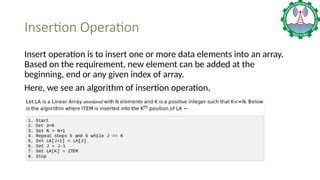Insertion Operation
Insert operation is to insert one or more data elements into an array.
Based on the requirement, new element can be added at the
beginning, end or any given index of array.
Here, we see an algorithm of insertion operation.
 