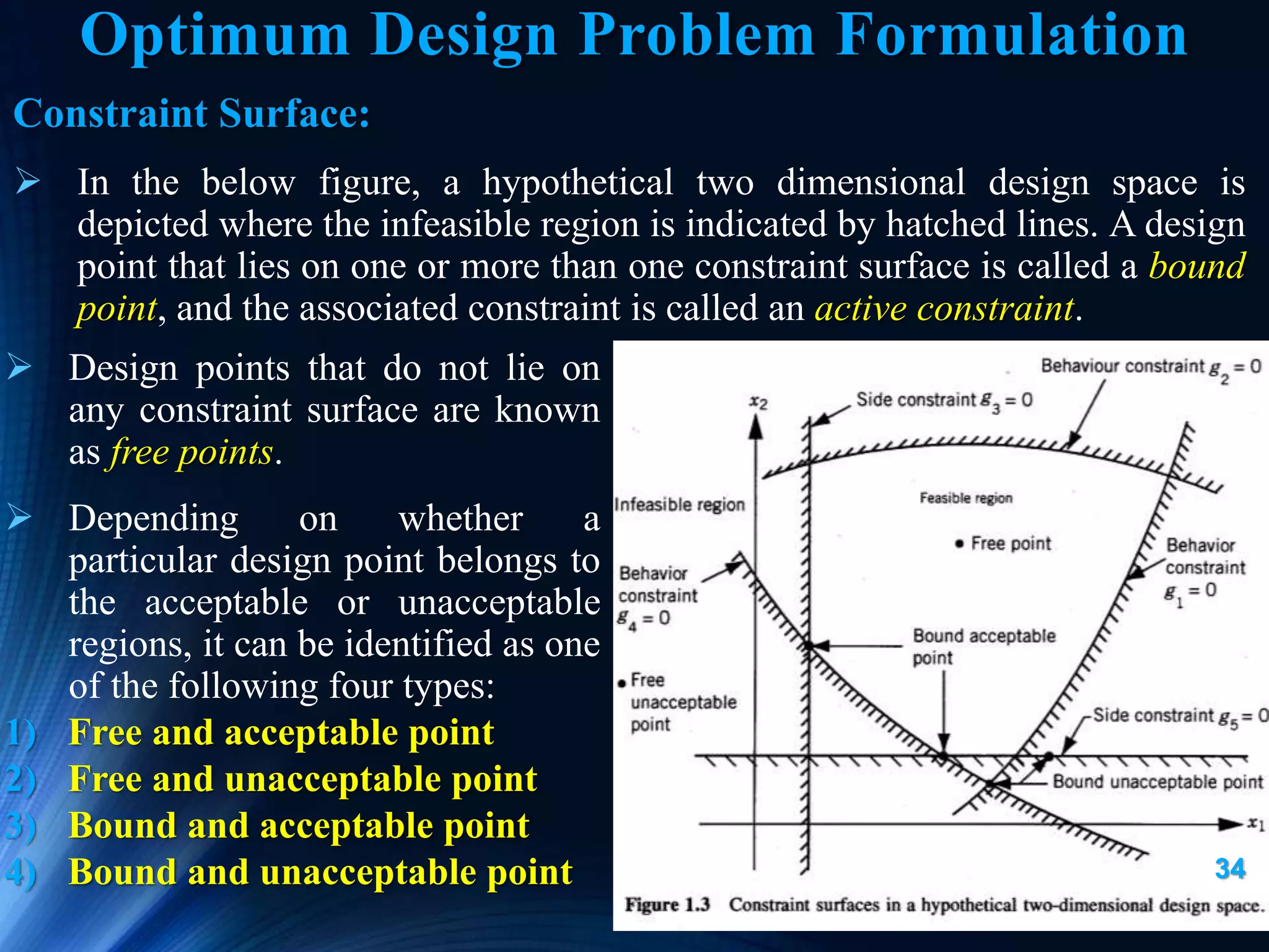 34
Constraint Surface:
 In the below figure, a hypothetical two dimensional design space is
depicted where the infeasible region is indicated by hatched lines. A design
point that lies on one or more than one constraint surface is called a bound
point, and the associated constraint is called an active constraint.
 Design points that do not lie on
any constraint surface are known
as free points.
 Depending on whether a
particular design point belongs to
the acceptable or unacceptable
regions, it can be identified as one
of the following four types:
1) Free and acceptable point
2) Free and unacceptable point
3) Bound and acceptable point
4) Bound and unacceptable point
Optimum Design Problem Formulation
 