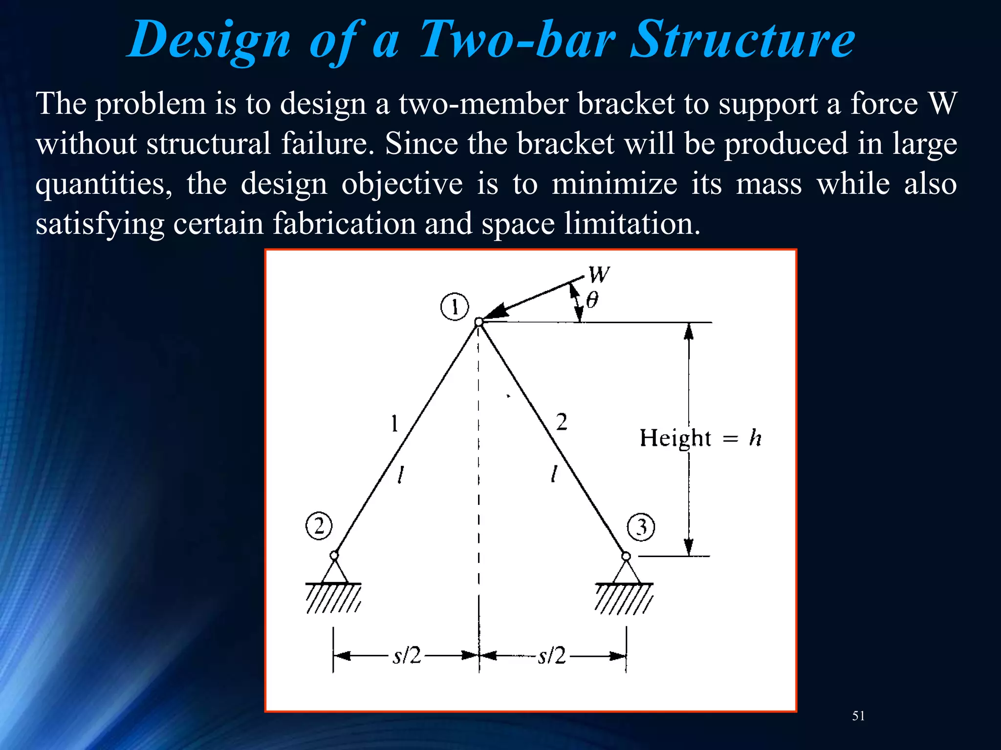 51
Design of a Two-bar Structure
The problem is to design a two-member bracket to support a force W
without structural failure. Since the bracket will be produced in large
quantities, the design objective is to minimize its mass while also
satisfying certain fabrication and space limitation.
 