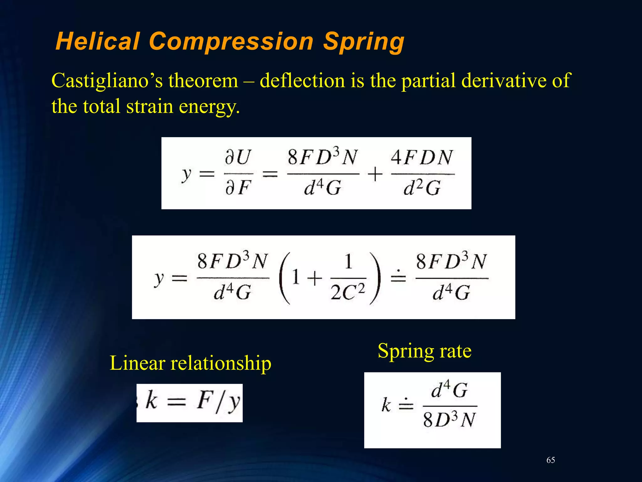 65
Helical Compression Spring
Castigliano’s theorem – deflection is the partial derivative of
the total strain energy.
Spring rate
Linear relationship
 