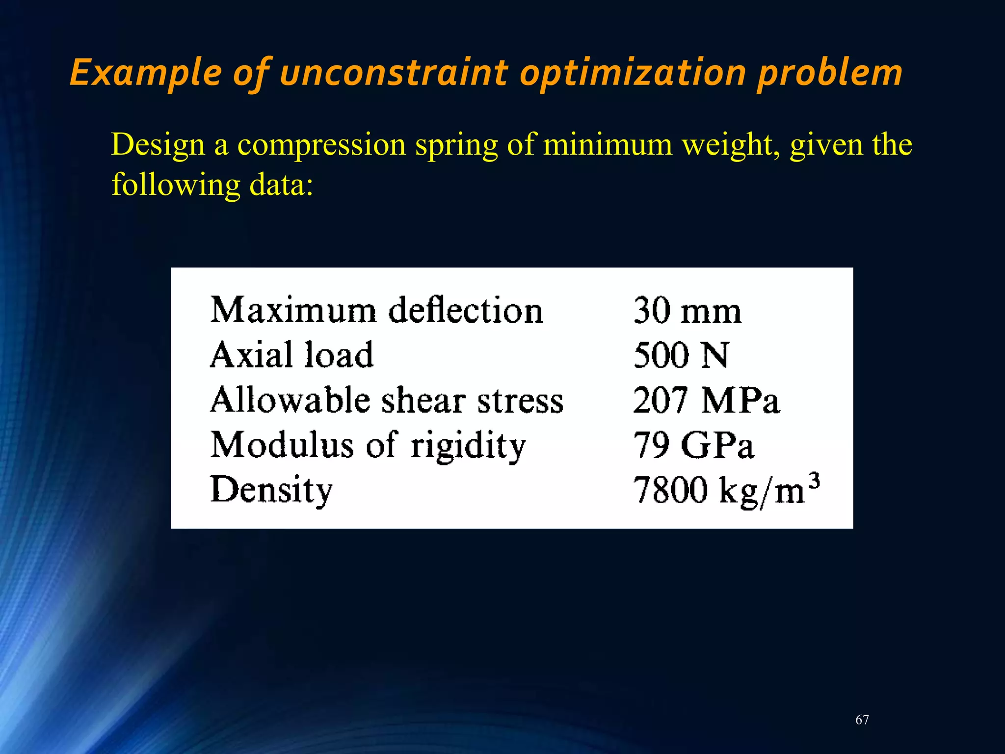 67
Example of unconstraint optimization problem
Design a compression spring of minimum weight, given the
following data:
 