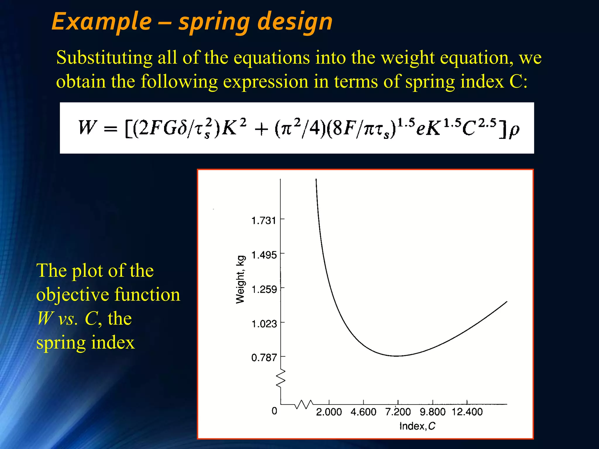 Ken Youssefi 70
Example – spring design
Substituting all of the equations into the weight equation, we
obtain the following expression in terms of spring index C:
The plot of the
objective function
W vs. C, the
spring index
 