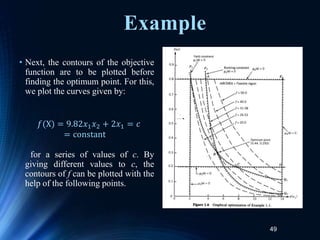49
• Next, the contours of the objective
function are to be plotted before
finding the optimum point. For this,
we plot the curves given by:
for a series of values of c. By
giving different values to c, the
contours of f can be plotted with the
help of the following points.
𝑓(X) = 9.82𝑥1𝑥2 + 2𝑥1 = 𝑐
= constant
Example
 