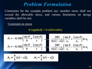 55
Constraints for the example problem are: member stress shall not
exceed the allowable stress, and various limitations on design
variables shall be met.
Constraint on stress
σ (applied) < σ (allowable)
Problem Formulation
 