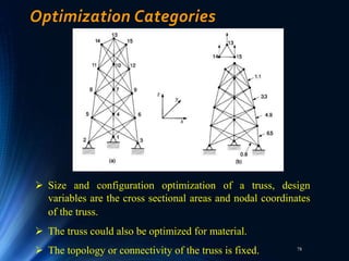 78
Optimization Categories
 Size and configuration optimization of a truss, design
variables are the cross sectional areas and nodal coordinates
of the truss.
 The truss could also be optimized for material.
 The topology or connectivity of the truss is fixed.
 
