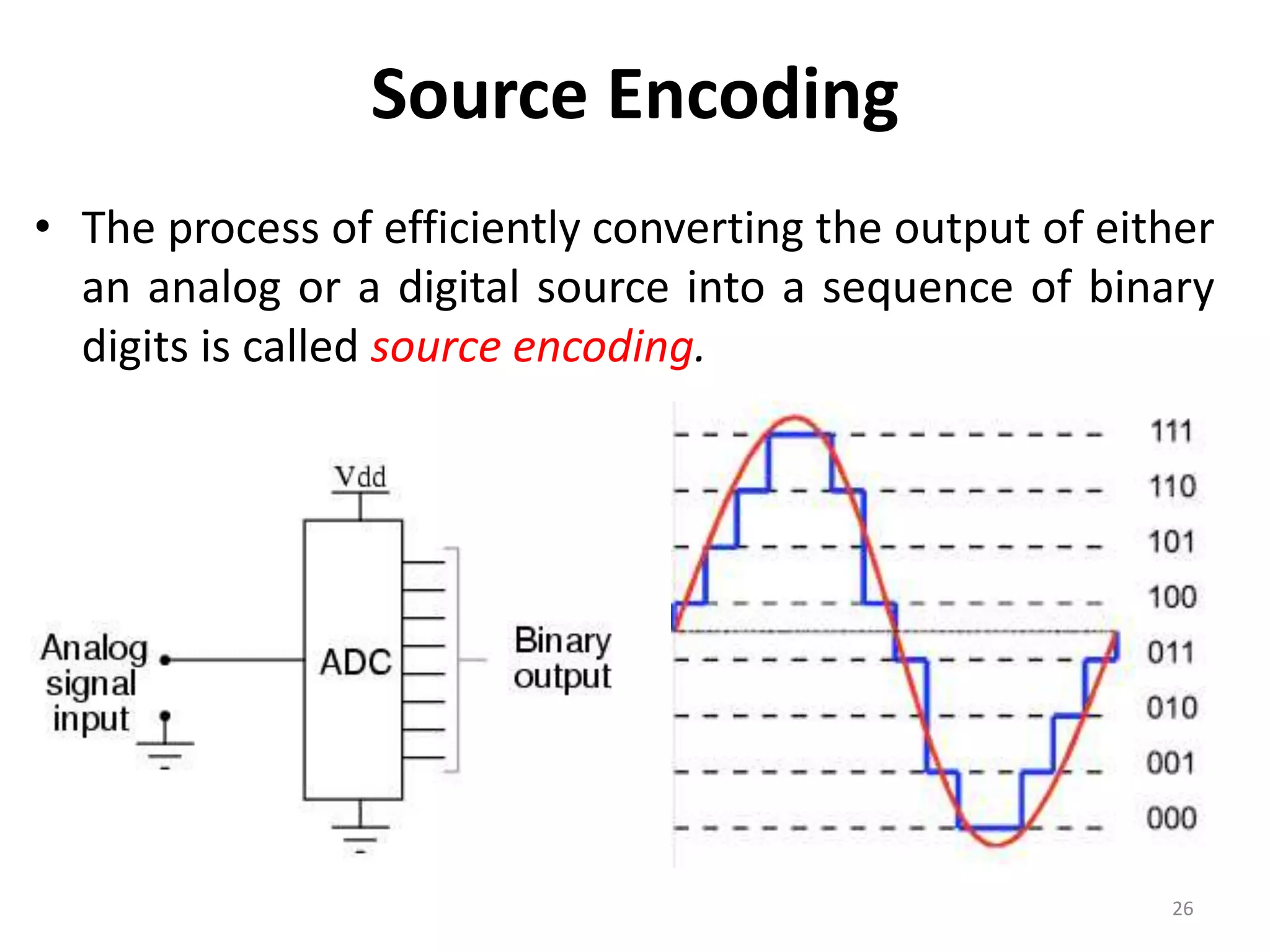 Source Encoding
• The process of efficiently converting the output of either
an analog or a digital source into a sequence of binary
digits is called source encoding.
26
 