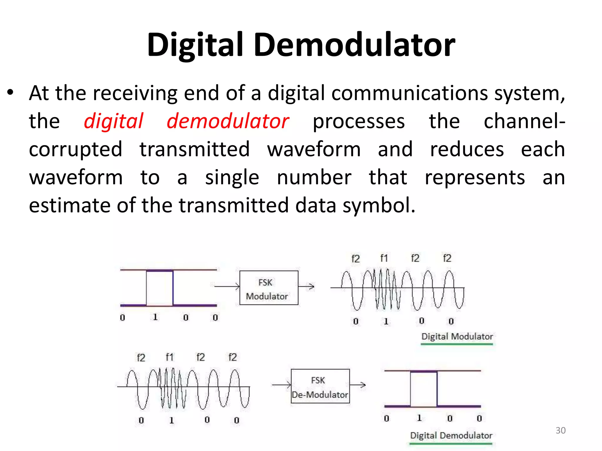 Digital Demodulator
• At the receiving end of a digital communications system,
the digital demodulator processes the channel-
corrupted transmitted waveform and reduces each
waveform to a single number that represents an
estimate of the transmitted data symbol.
30
 