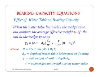 BEARING-CAPACITY EQUATIONS
Effect of Water Table on Bearing Capacity
= 2	[ − !^
!^
[E
	 +	
[E
[ − !^
E
4ℎ#"#						[ = 0.5	 	 tan	( 45 + ∅/2)
!^ = !#'(ℎ	+*	4 (#"	( /8#	/#8+4	/ ,#	+*	*++($ %
= 7 $(	4#$%ℎ(	+*	,+$8	$ 	!#'(ℎ	!^
	 = ,7/=#"%#!	7 $(	4#$%ℎ(	/#8+4	4 (#"	( /8#
When the water table lies within the wedge zone,
can compute the average effective weight of the
soil in the wedge zone as
Dr. Abdulmannan Orabi IUST 37
 