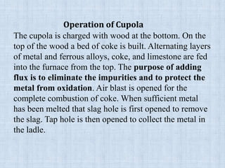 Operation of Cupola
The cupola is charged with wood at the bottom. On the
top of the wood a bed of coke is built. Alternating layers
of metal and ferrous alloys, coke, and limestone are fed
into the furnace from the top. The purpose of adding
flux is to eliminate the impurities and to protect the
metal from oxidation. Air blast is opened for the
complete combustion of coke. When sufficient metal
has been melted that slag hole is first opened to remove
the slag. Tap hole is then opened to collect the metal in
the ladle.
 