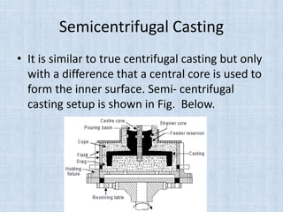 Semicentrifugal Casting
• It is similar to true centrifugal casting but only
with a difference that a central core is used to
form the inner surface. Semi- centrifugal
casting setup is shown in Fig. Below.
 