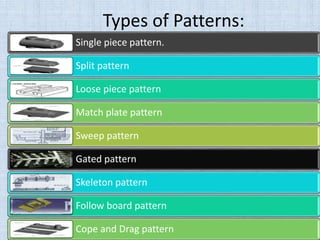 Types of Patterns:
Single piece pattern.
Split pattern
Loose piece pattern
Match plate pattern
Sweep pattern
Gated pattern
Skeleton pattern
Follow board pattern
Cope and Drag pattern
 