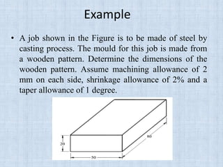 Example
• A job shown in the Figure is to be made of steel by
casting process. The mould for this job is made from
a wooden pattern. Determine the dimensions of the
wooden pattern. Assume machining allowance of 2
mm on each side, shrinkage allowance of 2% and a
taper allowance of 1 degree.
 