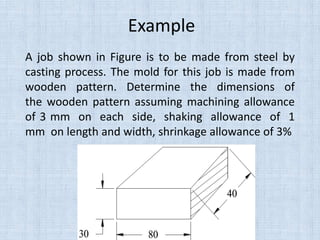 Example
A job shown in Figure is to be made from steel by
casting process. The mold for this job is made from
wooden pattern. Determine the dimensions of
the wooden pattern assuming machining allowance
of 3 mm on each side, shaking allowance of 1
mm on length and width, shrinkage allowance of 3%
 