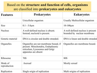Features Prokaryotes Eukaryotes
Unicellular organism Usually Multicellular organism
Size 0.1 - 5.0µm 10-100µm
Nucleus A well-defined nucleus is absent.
Instead, nucleoid is present.
A well-defined nucleus is present
bounded by nuclear membrane
Genetic material DNA is circular and double stranded. DNA is linear and double stranded
Organelles Organelles are not membrane bound, if
present. Mitochondria, Endoplasmic
reticulum, Lysosomes and Golgi
apparatus are absent
Organelles are membrane bound.
Ribosome 70S 80S
Mode of
reproduction
Asexual Mostly sexual
Replication Single origin of replication Multi origins of replication
Based on the structure and function of cells, organisms
are classified into prokaryotes and eukaryotes
 