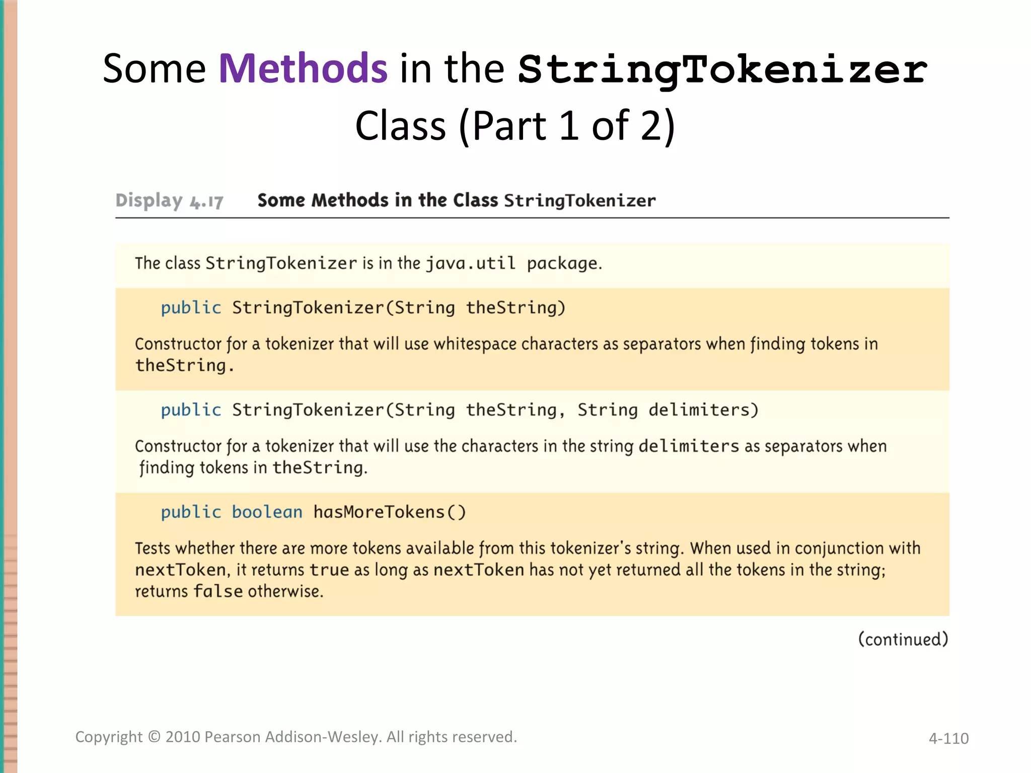 Some Methods in the StringTokenizer Class (Part 1 of 2) 4- Copyright © 2010 Pearson Addison-Wesley. All rights reserved. 