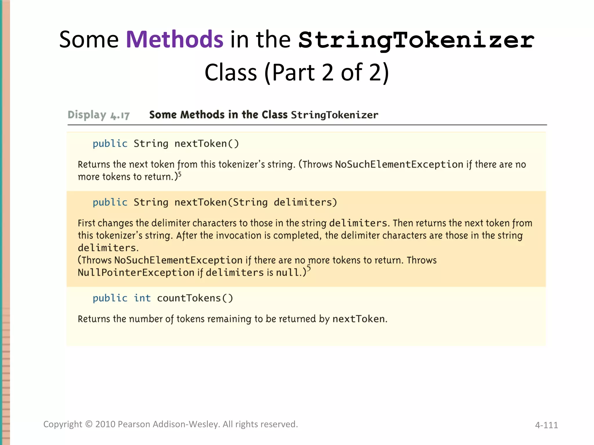 Some Methods in the StringTokenizer Class (Part 2 of 2) 4- Copyright © 2010 Pearson Addison-Wesley. All rights reserved. 