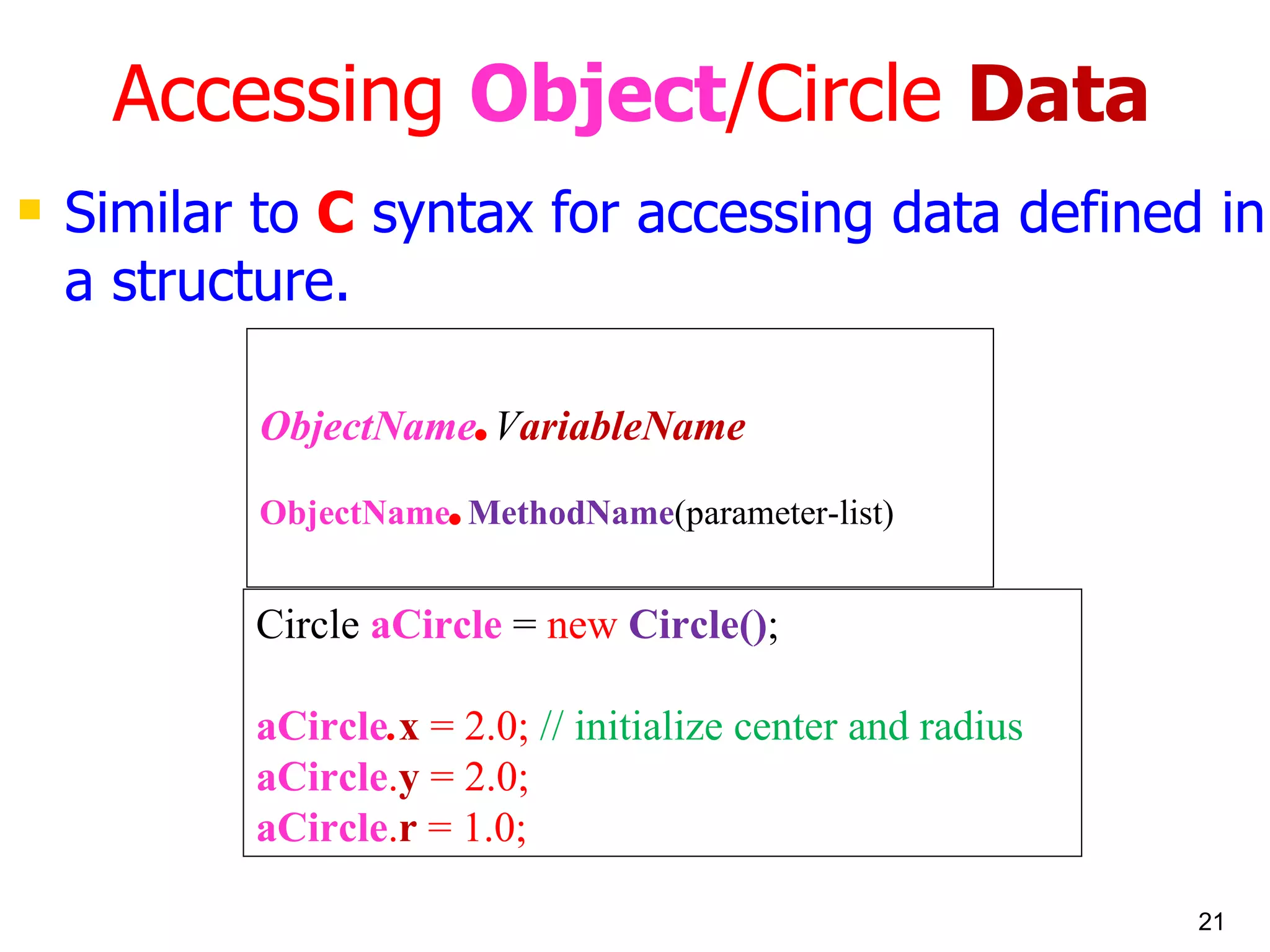 Accessing Object /Circle Data Similar to C syntax for accessing data defined in a structure. Circle aCircle = new Circle() ; aCircle . x = 2.0; // initialize center and radius aCircle . y = 2.0; aCircle . r = 1.0; ObjectName . V ariableName ObjectName . MethodName (parameter-list) 