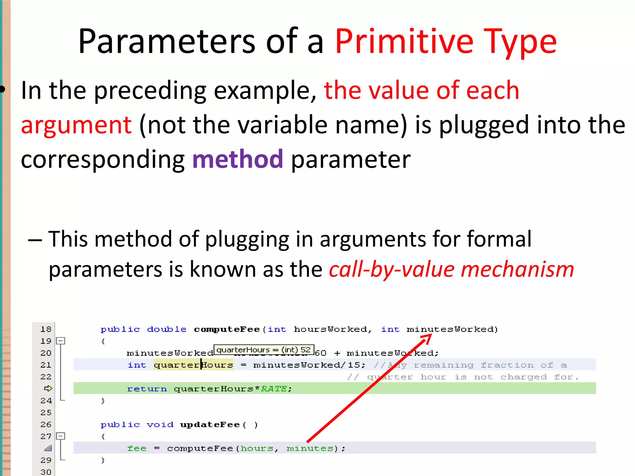 Parameters of a Primitive Type In the preceding example, the value of each argument (not the variable name) is plugged into the corresponding method parameter This method of plugging in arguments for formal parameters is known as the call-by-value mechanism 4- 