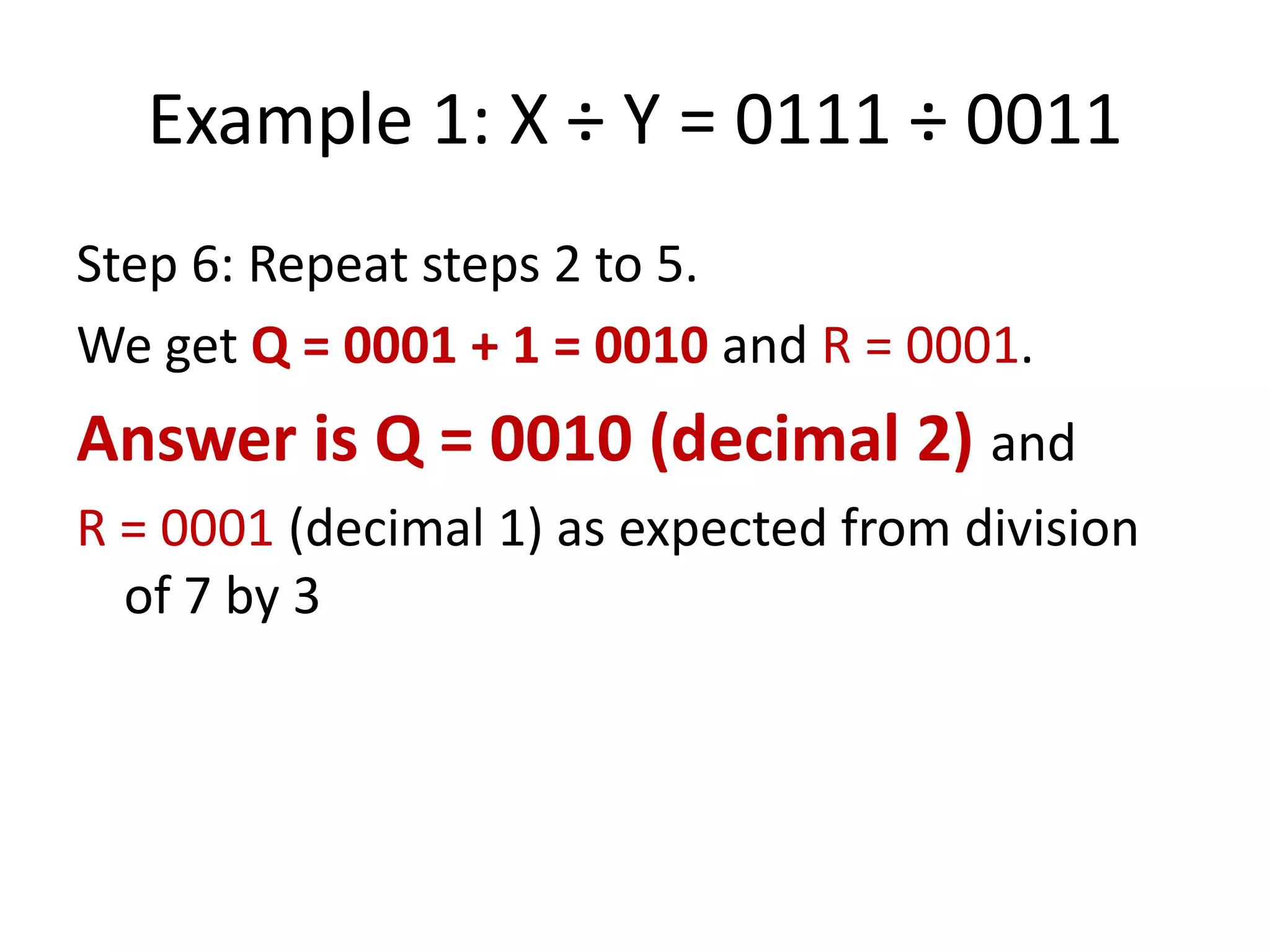 Example 1: X ÷ Y = 0111 ÷ 0011
Step 6: Repeat steps 2 to 5.
We get Q = 0001 + 1 = 0010 and R = 0001.

Answer is Q = 0010 (decimal 2) and
R = 0001 (decimal 1) as expected from division
of 7 by 3

 