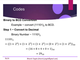 DLCA Bharati Ingale (bharatijingale@gmail.com)
Binary to BCD Conversion
Example − convert (11101)2 to BCD.
Step 1 − Convert to Decimal
Binary Number − 111012
111012
= ( 1 × 24 + 1 × 23 + 1 × 22 + 0 × 21 + 1 × 20 )10
= (16 + 8 + 4 + 0 + 1)10
= 2910
Codes
 
