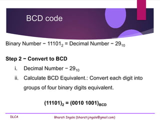DLCA Bharati Ingale (bharatijingale@gmail.com)
BCD code
Binary Number − 111012 = Decimal Number − 2910
Step 2 − Convert to BCD
i. Decimal Number − 2910
ii. Calculate BCD Equivalent.: Convert each digit into
groups of four binary digits equivalent.
(11101)2 = (0010 1001)BCD
 
