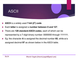 DLCA Bharati Ingale (bharatijingale@gmail.com)
ASCII
 ASCII is a widely used 7-bit (27) code
 Each letter is assigned a number between 0 and 127.
 There are 128 standard ASCII codes, each of which can be
represented by a 7-digit binary number: 0000000 through 1111111.
 Eg: the character A is assigned the decimal number 65, while a is
assigned decimal 97 as shown below in the ASCII table.
 