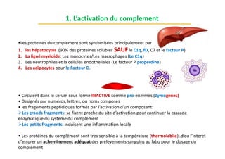 Les proteines du complement sont synthetisées principalement par
1. les hépatocytes (90% des proteines solubles SAUF le C1q, fD, C7 et le facteur P)
2. La ligné myéloide: Les monocytes/Les macrophages (Le C1q)
3. Les neutrophiles et la cellules endotheliales (Le facteur P properdine)
4. Les adipocytes pour le Facteur D.
1. L’activation du complement
• Circulent dans le serum sous forme INACTIVE comme pro-enzymes (Zymogenes)
• Designés par numéros, lettres, ou noms composés
• les fragements peptidiques formés par l’activation d’un composant:
Les grands fragments: se fixent proche du site d’activation pour continuer la cascade
enzymatique du systeme du complément
Les petits fragments: induisent une inflammation locale
• Les protéines du complément sont tres sensible à la température (thermolabile)..d’ou l’interet
d’assurer un acheminement adéquat des prélevements sanguins au labo pour le dosage du
complément
 