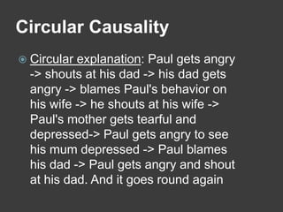Circular Causality
 Circular

explanation: Paul gets angry
-> shouts at his dad -> his dad gets
angry -> blames Paul's behavior on
his wife -> he shouts at his wife ->
Paul's mother gets tearful and
depressed-> Paul gets angry to see
his mum depressed -> Paul blames
his dad -> Paul gets angry and shout
at his dad. And it goes round again

 