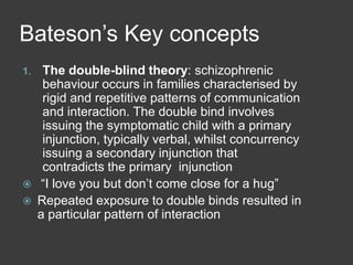 Bateson’s Key concepts
1.




The double-blind theory: schizophrenic
behaviour occurs in families characterised by
rigid and repetitive patterns of communication
and interaction. The double bind involves
issuing the symptomatic child with a primary
injunction, typically verbal, whilst concurrency
issuing a secondary injunction that
contradicts the primary injunction
“I love you but don’t come close for a hug”
Repeated exposure to double binds resulted in
a particular pattern of interaction

 