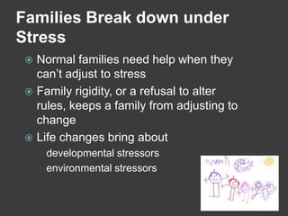 Families Break down under
Stress
Normal families need help when they
can’t adjust to stress
 Family rigidity, or a refusal to alter
rules, keeps a family from adjusting to
change
 Life changes bring about


 developmental stressors
 environmental stressors

 