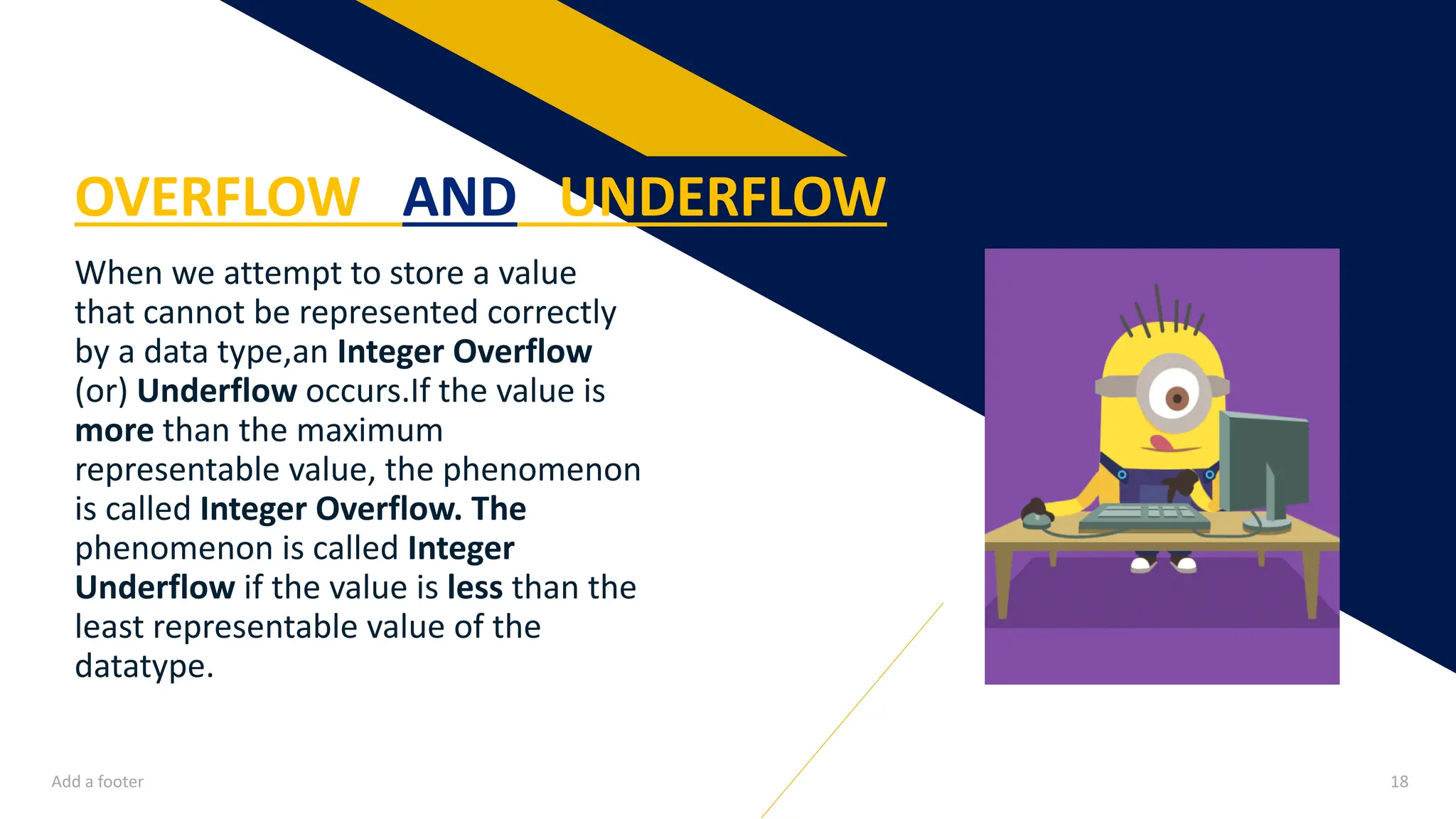 When we attempt to store a value
that cannot be represented correctly
by a data type,an Integer Overflow
(or) Underflow occurs.If the value is
more than the maximum
representable value, the phenomenon
is called Integer Overflow. The
phenomenon is called Integer
Underflow if the value is less than the
least representable value of the
datatype.
OVERFLOW AND UNDERFLOW
Add a footer 18
 