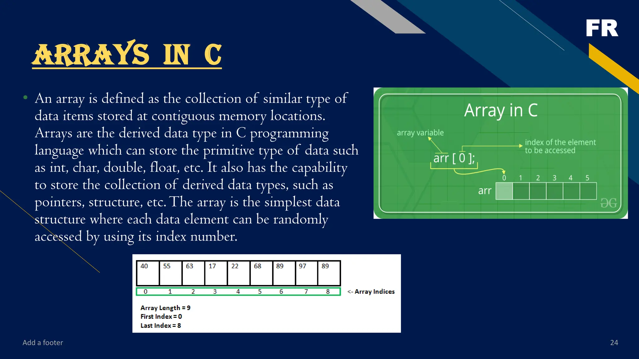 FR
Add a footer 24
ARRAYS IN C
• An array is defined as the collection of similar type of
data items stored at contiguous memory locations.
Arrays are the derived data type in C programming
language which can store the primitive type of data such
as int, char, double, float, etc. It also has the capability
to store the collection of derived data types, such as
pointers, structure, etc.The array is the simplest data
structure where each data element can be randomly
accessed by using its index number.
 