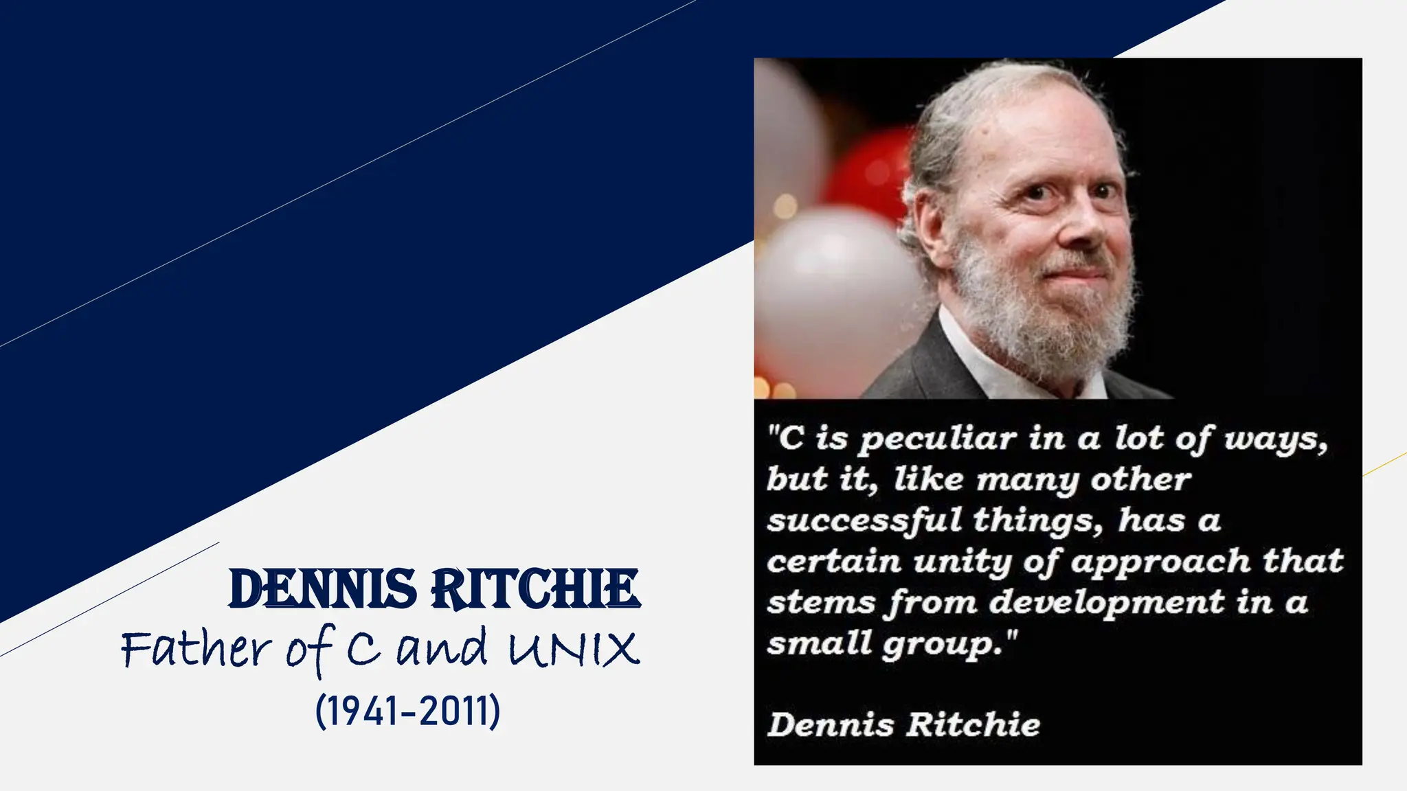 DENNIS RITCHIE
Father of C and UNIX
(1941-2011)
 