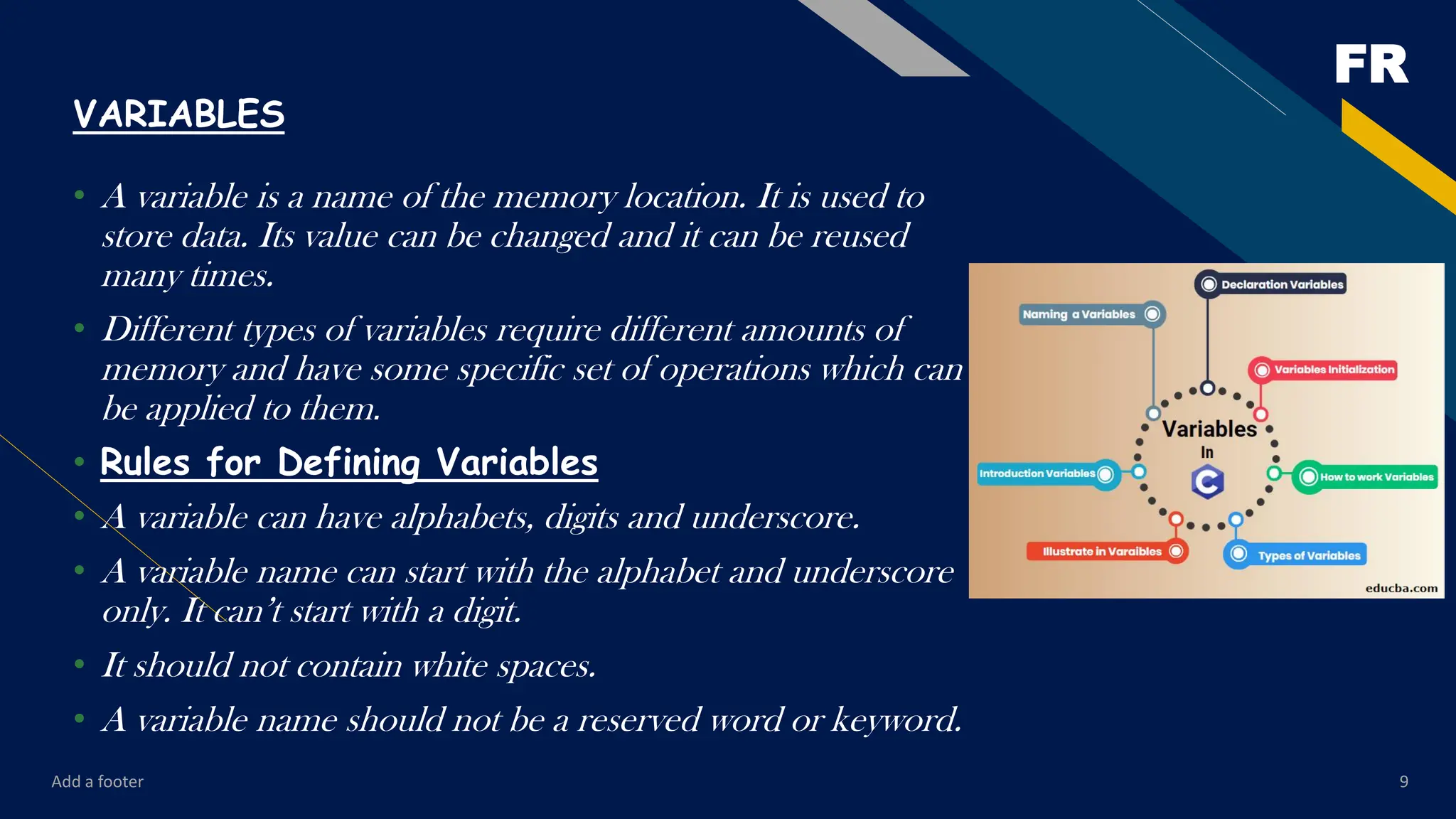 FR
Add a footer 9
VARIABLES
• A variable is a name of the memory location. It is used to
store data. Its value can be changed and it can be reused
many times.
• Different types of variables require different amounts of
memory and have some specific set of operations which can
be applied to them.
• Rules for Defining Variables
• A variable can have alphabets, digits and underscore.
• A variable name can start with the alphabet and underscore
only. It can’t start with a digit.
• It should not contain white spaces.
• A variable name should not be a reserved word or keyword.
 