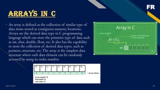 FR
Add a footer 24
ARRAYS IN C
• An array is defined as the collection of similar type of
data items stored at contiguous memory locations.
Arrays are the derived data type in C programming
language which can store the primitive type of data such
as int, char, double, float, etc. It also has the capability
to store the collection of derived data types, such as
pointers, structure, etc.The array is the simplest data
structure where each data element can be randomly
accessed by using its index number.
 