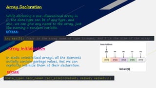 Array Declaration
While declaring a one-dimensional array in
C, the data type can be of any type, and
also, we can give any name to the array, just
like naming a random variable.
Syntax:
int arr[5]; //arr is the array name of type integer, and 5 is the size of the array
Array Initialization
In static uninitialized arrays, all the elements
initially contain garbage values, but we can
explicitly initialize them at their declaration.
SYNTAX:
<data_type> <arr_name> [arr_size]={value1, value2, value3,…};
 