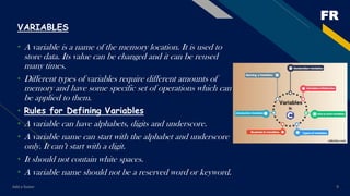 FR
Add a footer 9
VARIABLES
• A variable is a name of the memory location. It is used to
store data. Its value can be changed and it can be reused
many times.
• Different types of variables require different amounts of
memory and have some specific set of operations which can
be applied to them.
• Rules for Defining Variables
• A variable can have alphabets, digits and underscore.
• A variable name can start with the alphabet and underscore
only. It can’t start with a digit.
• It should not contain white spaces.
• A variable name should not be a reserved word or keyword.
 