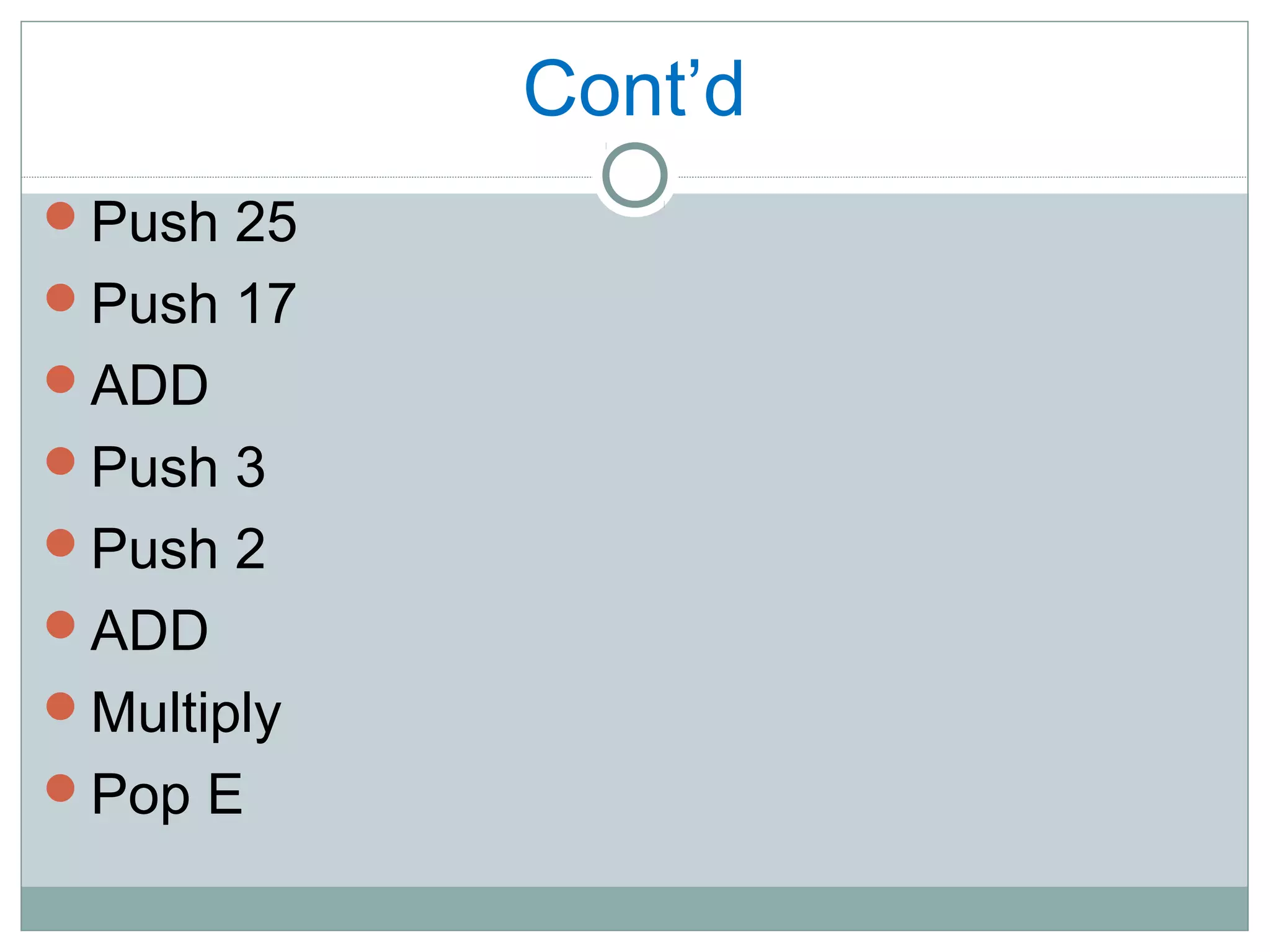 Cont’d
Push 25
Push 17
ADD
Push 3
Push 2
ADD
Multiply
Pop E
 