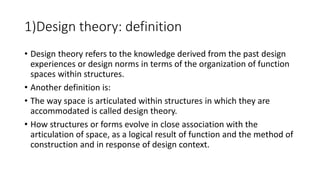 1)Design theory: definition
• Design theory refers to the knowledge derived from the past design
experiences or design nor...