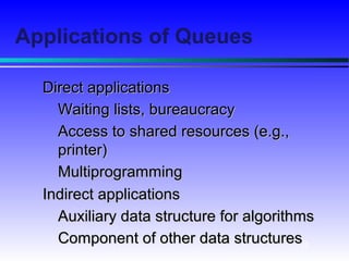 35
Applications of Queues
Direct applicationsDirect applications
Waiting lists, bureaucracyWaiting lists, bureaucracy
Access to shared resources (e.g.,Access to shared resources (e.g.,
printer)printer)
MultiprogrammingMultiprogramming
Indirect applicationsIndirect applications
Auxiliary data structure for algorithmsAuxiliary data structure for algorithms
Component of other data structuresComponent of other data structures
 